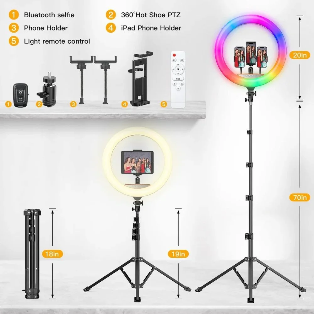RGB Ring Light 18 inch with Tripod Stand (2700-7000K) for Phone Camera iPad Self
